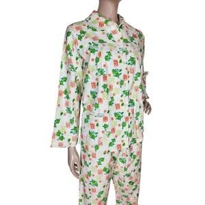 VTG 70s Cotton Floral LS Button-Down Top & Pants Pajama Set Two Piece NEW